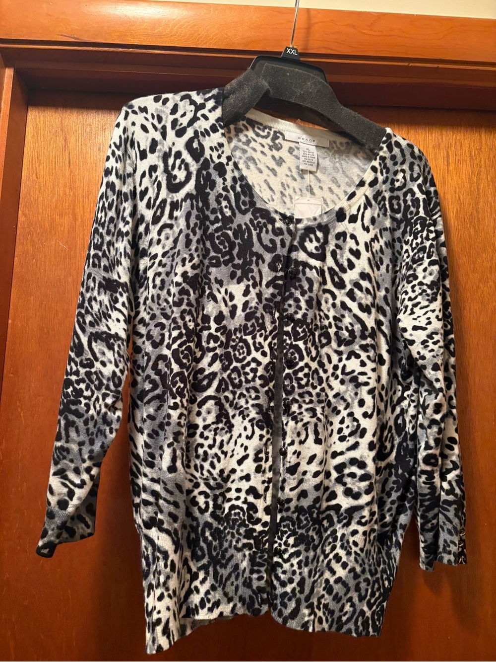 Grace Black and White Leopard-Print Button Cardigan with 3/4 length sleeves